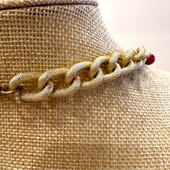 Necklace & Earring set- Brushed gold w/ multiple red acrylic beads - Picture 8 of 12